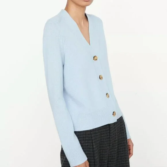 New M Vince Cashmere Shrunken Button Cardigan Sky Blue Essential